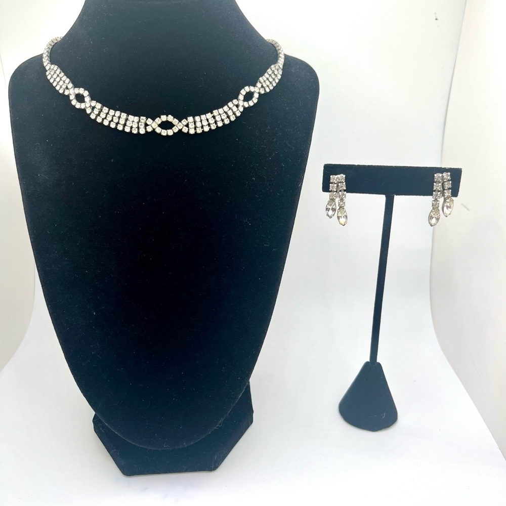 Vintage Rhinestone Necklace & Earrings Set | Silver Tone | Choker Length